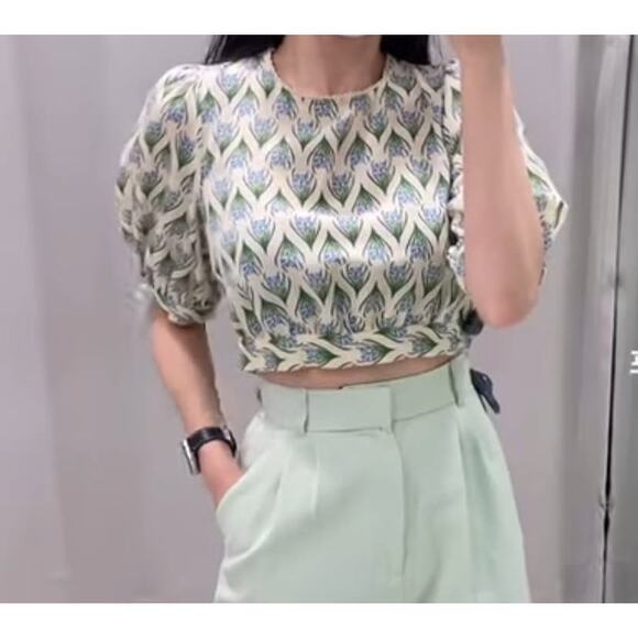 Zara Open Back Crop Top Small Floral Puff Sleeves Cottage Boho Preppy Vacation - Picture 9 of 15